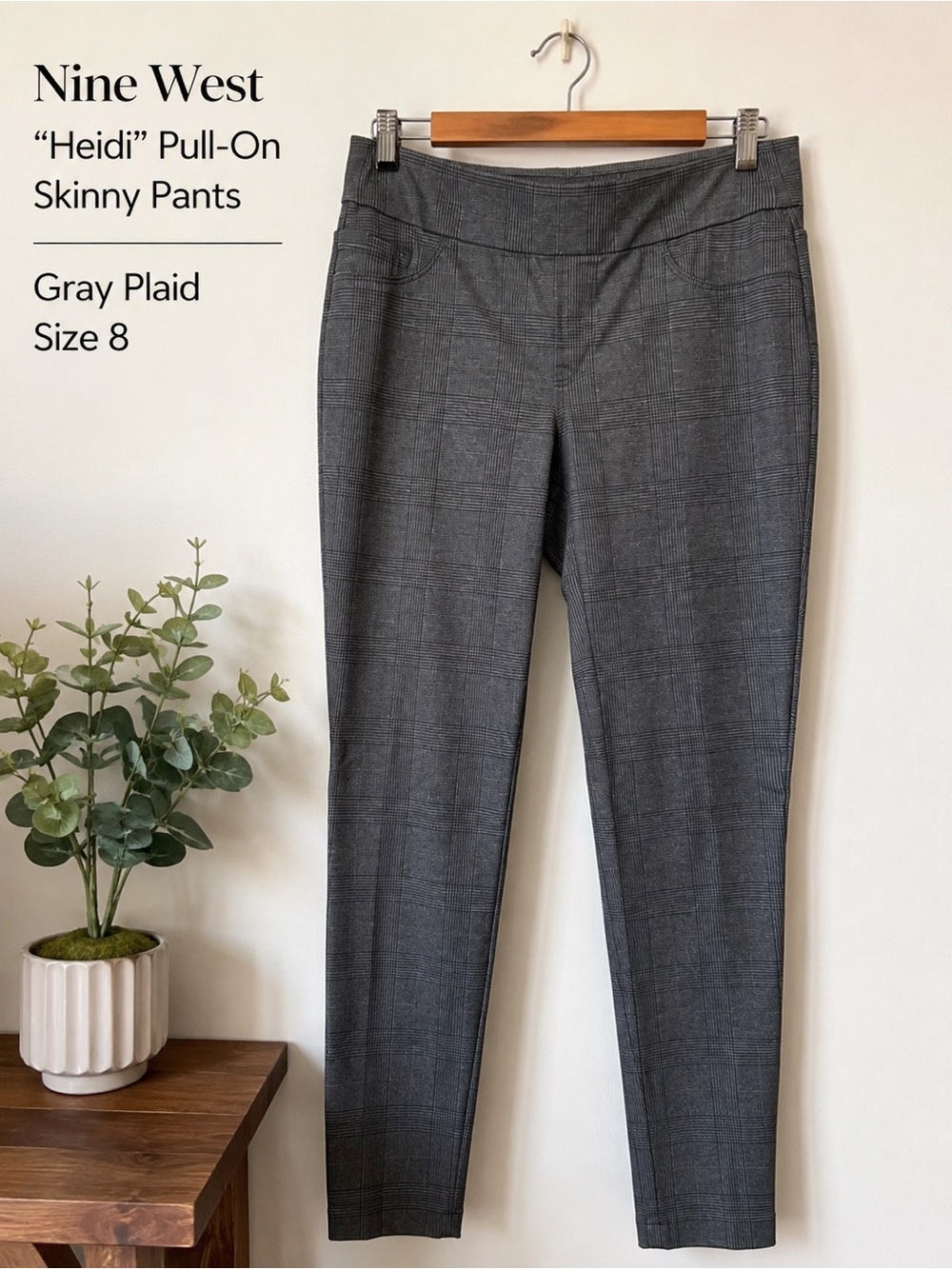 Nine West “Heidi” Pull-On Skinny Pants – Gray Plaid, Size 8